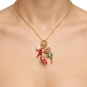 Tacco a pua - Collana tacchi tacco Oro con Ciondolo Rosso e Rosa Smaltata