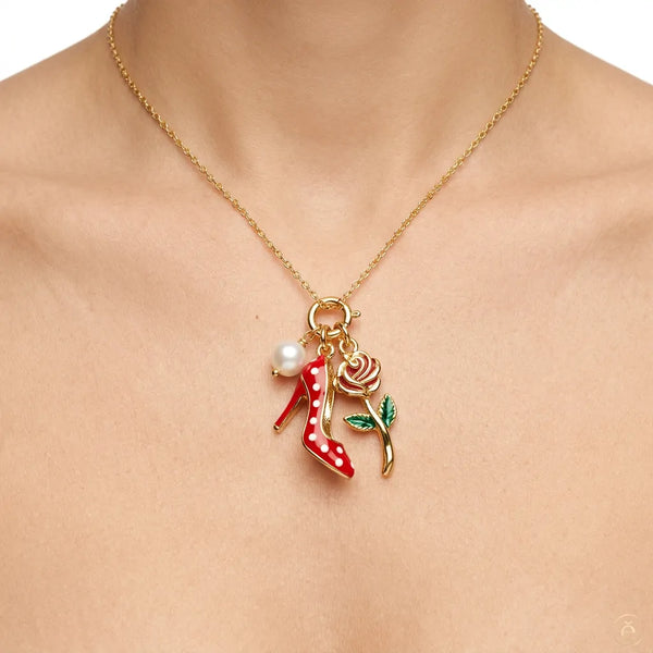 Tacco a pua - Collana tacchi tacco Oro con Ciondolo Rosso e Rosa Smaltata