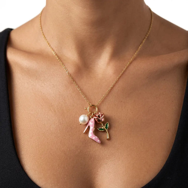 Rosa Chic - Collana Catena acciaio Oro con Ciondoli Scarpa col Tacco Rosa, Rosa e Perla