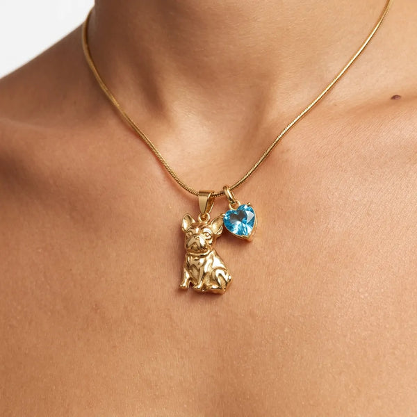 Cuore Peloso - Collana Oro con Ciondolo Cane Bulldog Francese e Cuore Azzurro