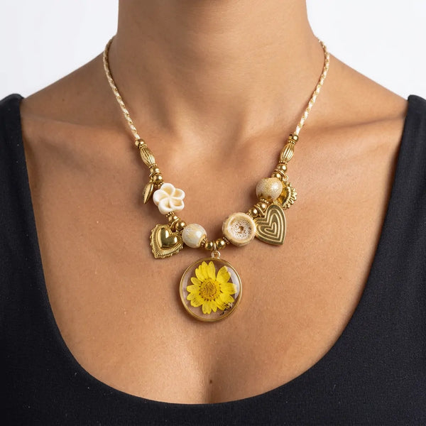 Girasole Pastello - Collana Vistosa da Donna con Pietre Grandi Pastello e Maxi Fiore acciaio Oro corda