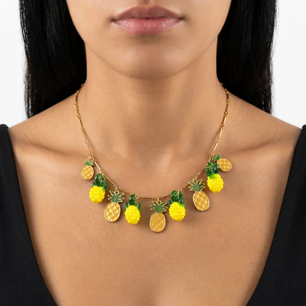 Ananas Party - Collana Catena acciaio Oro con Ciondoli Ananas Gialli e Verdi da Donna