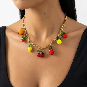 Fruttuosa - Collana Catena in acciaio colore Oro con Ciondoli Frutta Misti: Ciliegie, Limone e Anguria