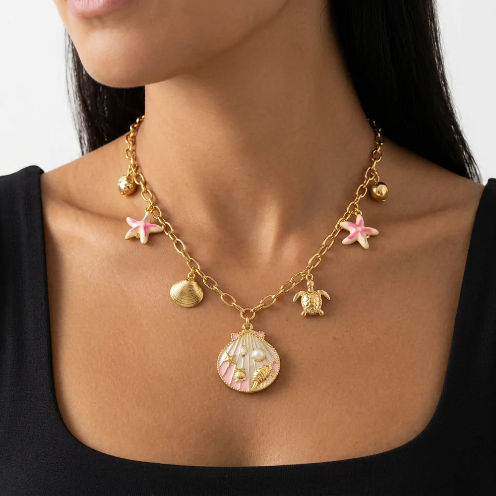 Mare di Rosa - Collana Girocollo acciaio colore Oro con Ciondolo conchiglia Cuore Rosa e Perle da Donna