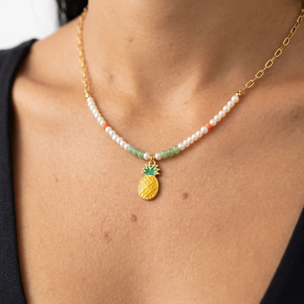 Aloha - Collana Catena acciaio colore Oro e Perline con Ciondolo Ananas Giallo Smaltato
