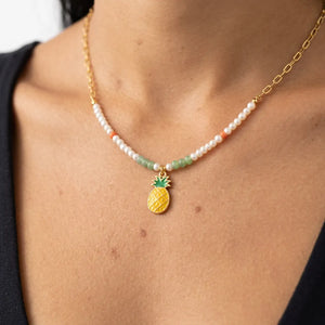 Aloha - Collana Catena acciaio colore Oro e Perline con Ciondolo Ananas Giallo Smaltato