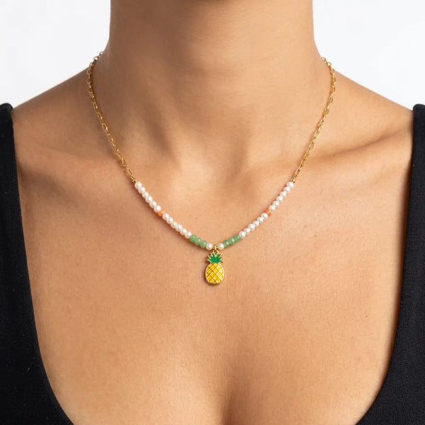 Aloha - Collana Catena acciaio colore Oro e Perline con Ciondolo Ananas Giallo Smaltato