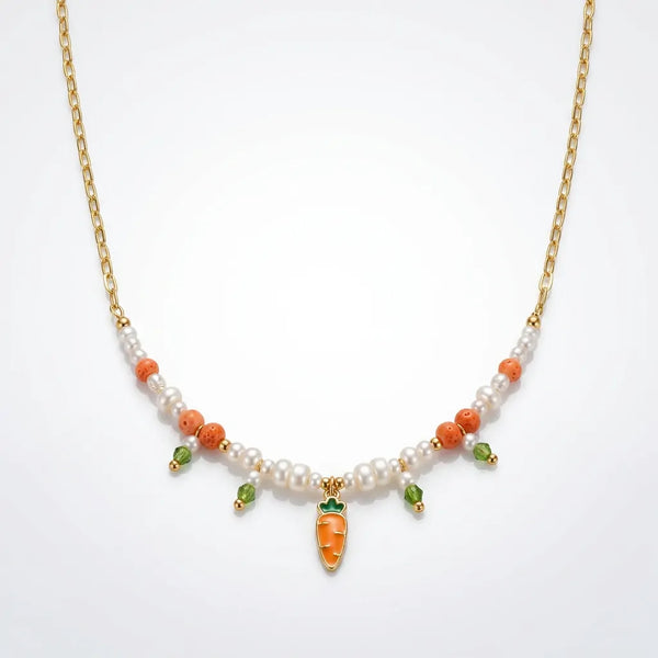 Carotina Chic - Collana Catena acciaio colore Oro e Perline con Ciondolo carota Smaltata