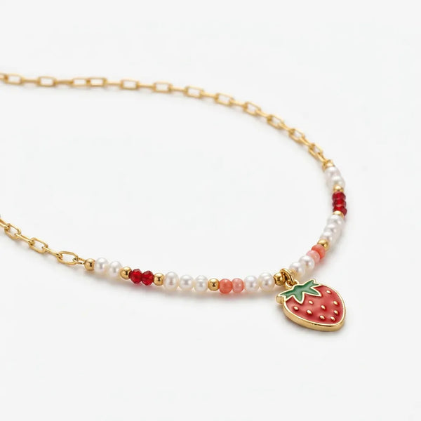 Fragolina Chic - Collana Catena acciaio colore Oro e Perline con Ciondolo Fragola Rossa Smaltata