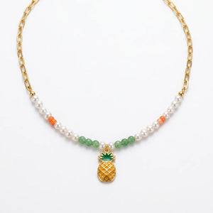 Aloha - Collana Catena acciaio colore Oro e Perline con Ciondolo Ananas Giallo Smaltato