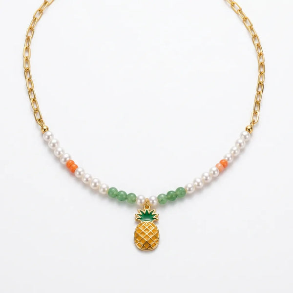 Aloha - Collana Catena acciaio colore Oro e Perline con Ciondolo Ananas Giallo Smaltato