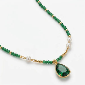 Goccia di Luce - Collana Girocollo acciaio colore Oro con Pietra a Goccia Verde Smeraldo e Perle