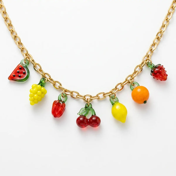 Fruttuosa - Collana Catena in acciaio colore Oro con Ciondoli Frutta Misti: Ciliegie, Limone e Anguria