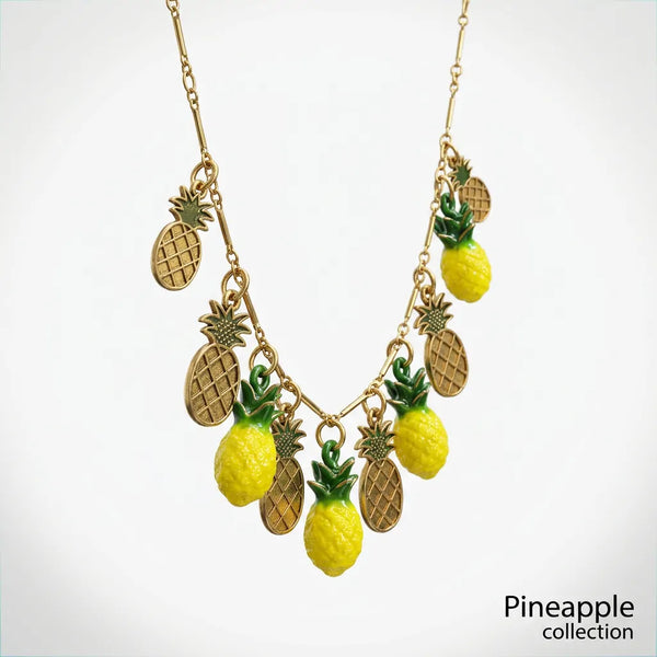 Ananas Party - Collana Catena acciaio Oro con Ciondoli Ananas Gialli e Verdi da Donna