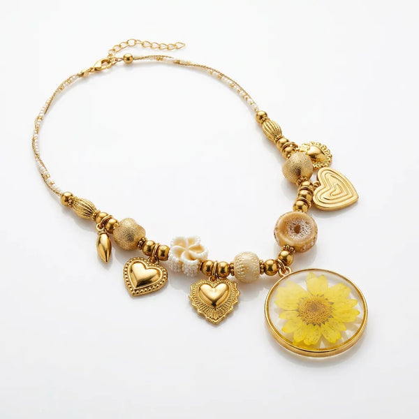 Girasole Pastello - Collana Vistosa da Donna con Pietre Grandi Pastello e Maxi Fiore acciaio Oro corda