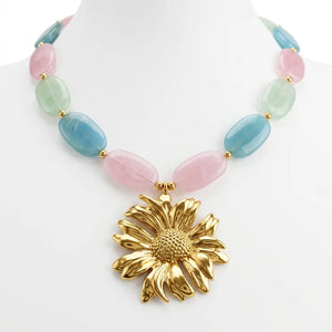 Girasole Pastello - Collana Vistosa da Donna con Pietre Grandi Pastello e Maxi Fiore acciaio Oro