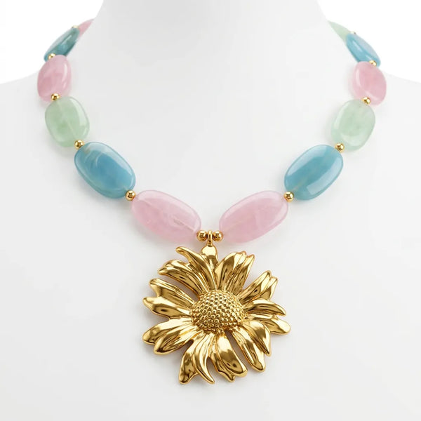 Girasole Pastello - Collana Vistosa da Donna con Pietre Grandi Pastello e Maxi Fiore acciaio Oro