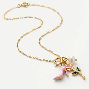 Rosa Chic - Collana Catena acciaio Oro con Ciondoli Scarpa col Tacco Rosa, Rosa e Perla