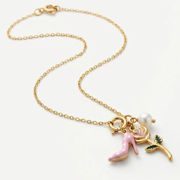 Rosa Chic - Collana Catena acciaio Oro con Ciondoli Scarpa col Tacco Rosa, Rosa e Perla