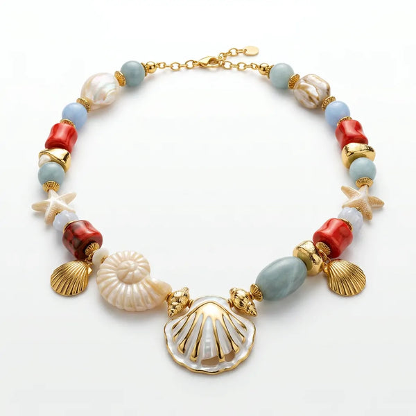 Portofino - Collana Vistosa Mare con Ciondolo Maxi Conchiglia Oro e Pietre Grandi