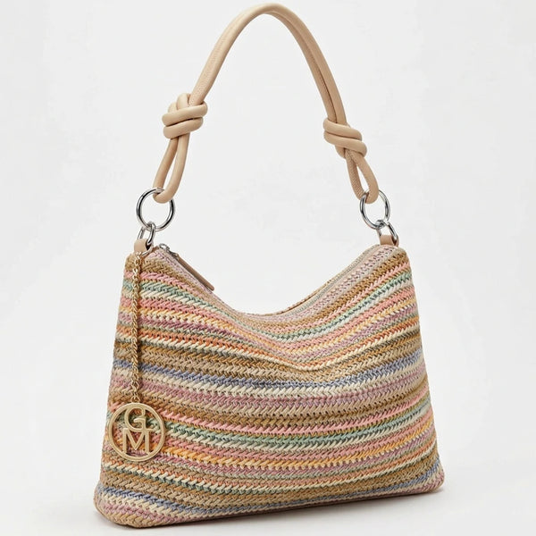 Infinity - Borsa sacco multicolore spalla paglia effetto raffia sintetica intrecciata tracolla e spalla
