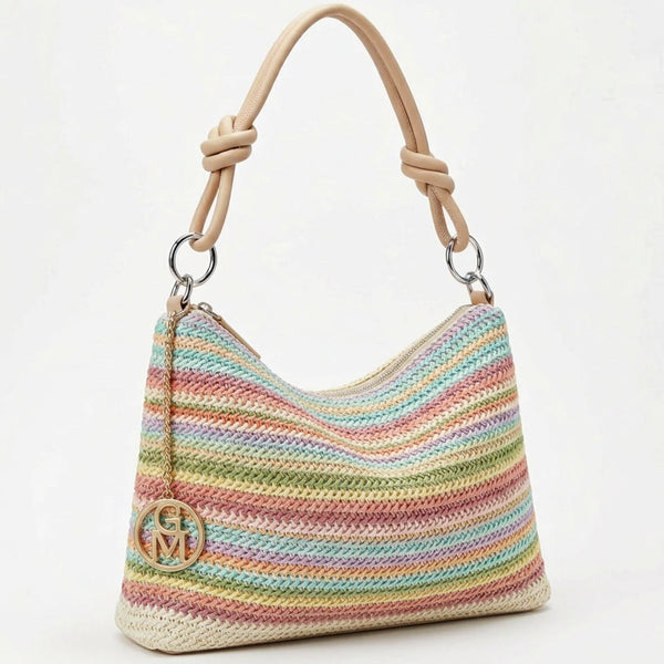 Infinity - Borsa sacco multicolore spalla paglia effetto raffia sintetica intrecciata tracolla e spalla
