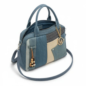 La Tappa - Borsa bauletto jeans denim shopping Tracolla Stile Etnico Multicolor con Tasche e Zip