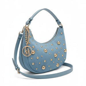La Mezzaborchia - Borsa mezzaluna spalla tracolla jeans denim con borchie