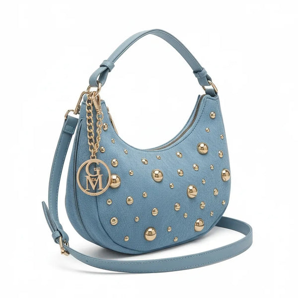 La Mezzaborchia - Borsa mezzaluna spalla tracolla jeans denim con borchie