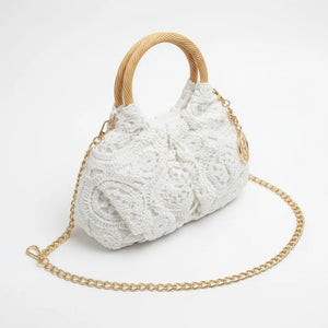 La Perla - Borsa firmata Gyoiamea ricamata macramè elegante manici in legno