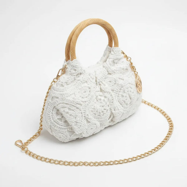 La Perla - Borsa firmata Gyoiamea ricamata macramè elegante manici in legno