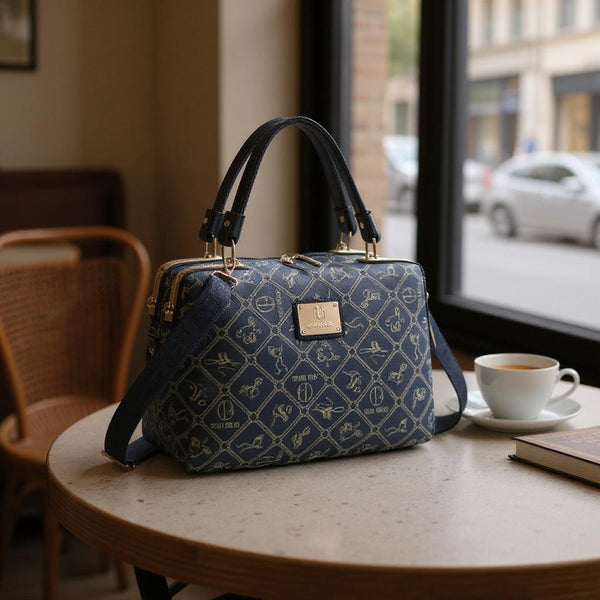 Borsa bauletto firmata Giulia Piarelli eco pelle logo tasche con zip capiente e comoda a tracolla fantasia logo
