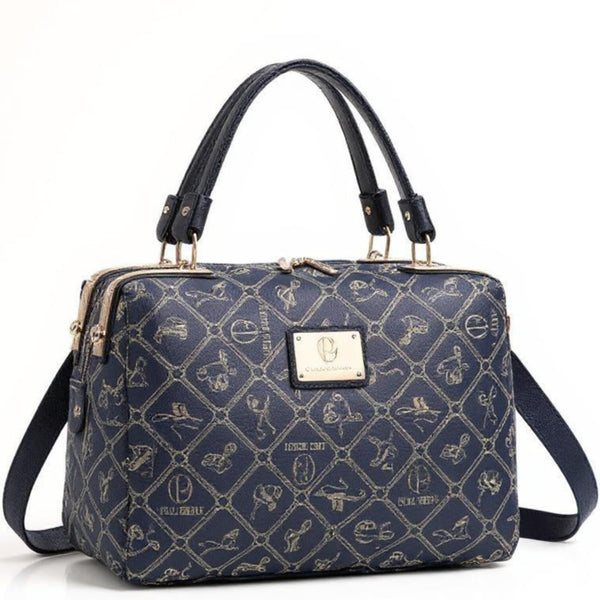 Borsa bauletto firmata Giulia Piarelli eco pelle logo tasche con zip capiente e comoda a tracolla fantasia logo