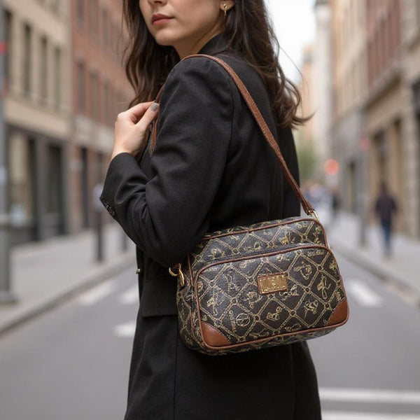 Borsa tracolla spalla firmata Giulia Piarelli eco pelle logo tasche con zip fantasia logo nuova