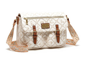 Borsa tracolla spalla firmata Giulia Piarelli eco pelle logo tasche con zip fantasia logo vintage cinghie