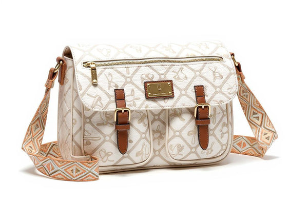 Borsa tracolla spalla firmata Giulia Piarelli eco pelle logo tasche con zip fantasia logo vintage cinghie