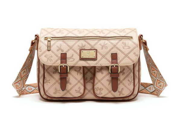 Borsa tracolla spalla firmata Giulia Piarelli eco pelle logo tasche con zip fantasia logo vintage cinghie
