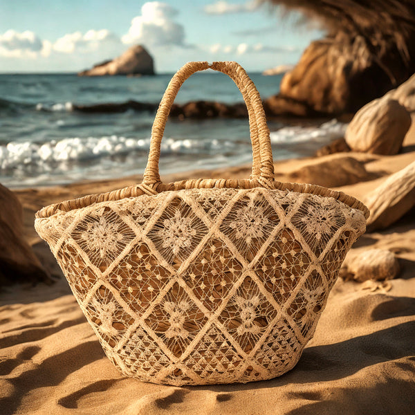 Sole e Paglia – Borsa Coffa Donna in Paglia Naturale Traforata pizzo bianco Grande Vimini Mare Spiaggia Palma Decorata