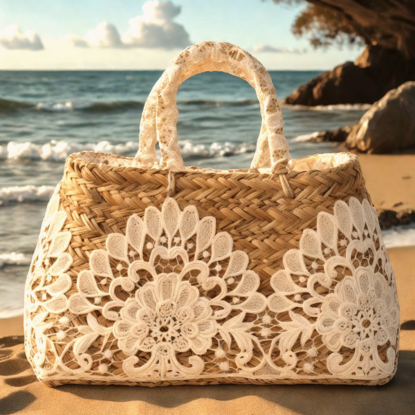 LA sposata – Borsa Coffa Donna in Paglia Naturale Traforata cuore Grande Vimini Mare Spiaggia Palma Decorata