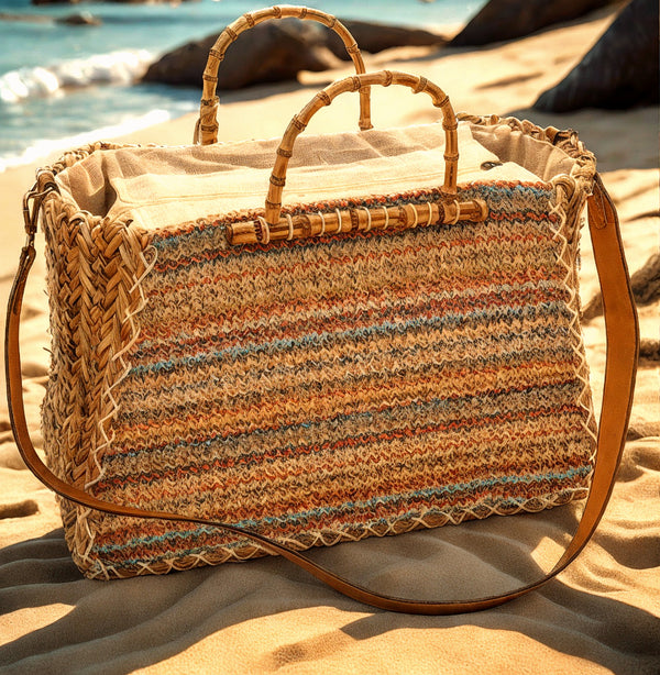 Santorini Line – Borsa Coffa Donna in Paglia Naturale Traforata pizzo Grande Vimini Mare Spiaggia Palma Decorata