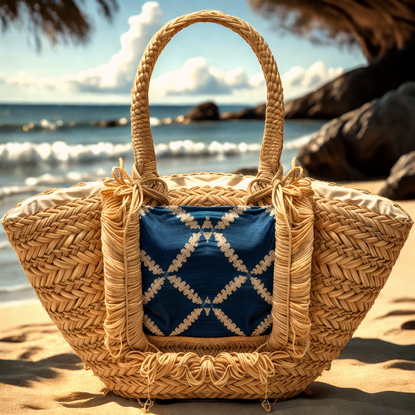 La Borsa Amélie – Borsa Coffa Donna in Paglia Naturale Traforata jeans Grande Vimini Mare Spiaggia Palma Decorata