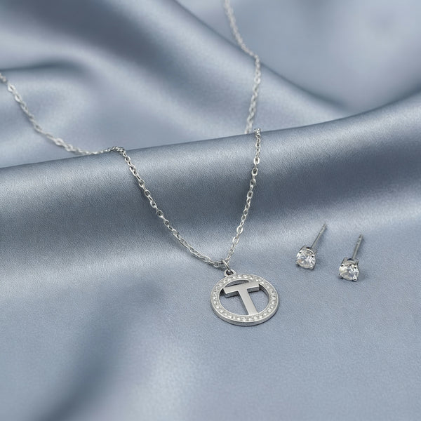 Set Parure Collana con Iniziale e Orecchini Punto Luce Acciaio Inossidabile - Regolabile (A-Z)
