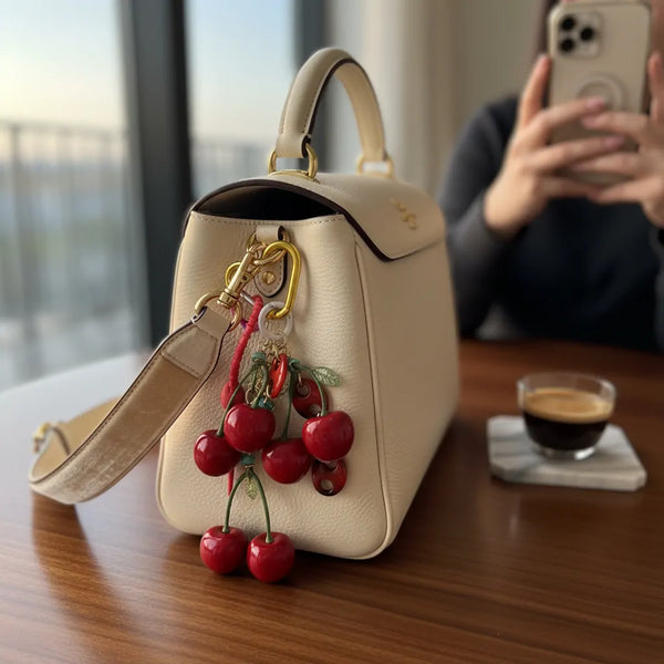 Ciondolo Charm Borsa Ciliegie Rosse con Moschettone Oro - Portachiavi Decorativo Estivo