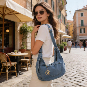 La Luna - Borsa firmata Gyoiamea jeans denim tracolla sacco spalla