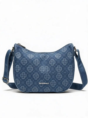 Borsa firmata Baci&abbracci jeans denim tracolla sacco spalla mezzaluna ricamata quadrifoglio