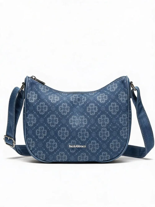 Borsa firmata Baci&abbracci jeans denim tracolla sacco spalla mezzaluna ricamata quadrifoglio