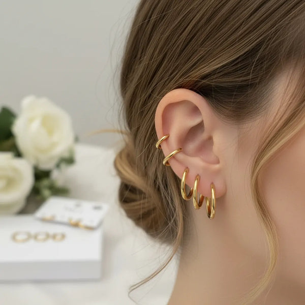 Set 6 Orecchini a Cerchio in Acciaio Inossidabile Oro – 3 Misure (Small, Medium, Large) – Impermeabili e Ipoallergenici