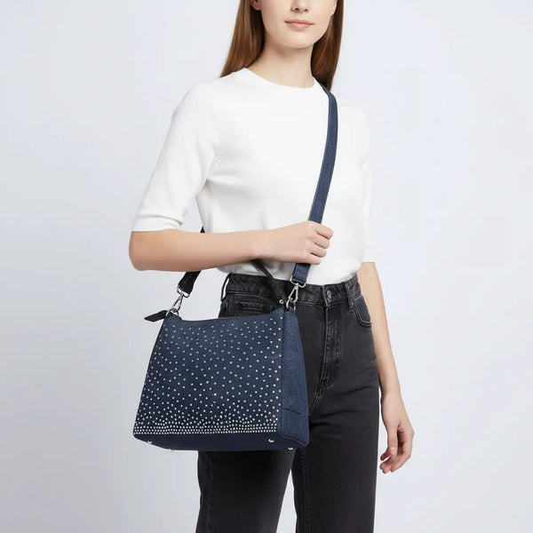 La Saridda - Borsa jeans denim tracolla sacco spalla monomanico strass glitter jeansata
