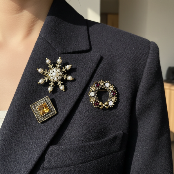 Titolo: Set 3 Spille Donna Vintage Chic con Cammeo Fiocco Corona di Perle e Cristalli — Spille Dorate Eleganti