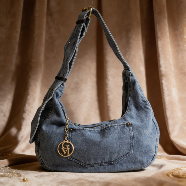 La Luna - Borsa firmata Gyoiamea jeans denim tracolla sacco spalla